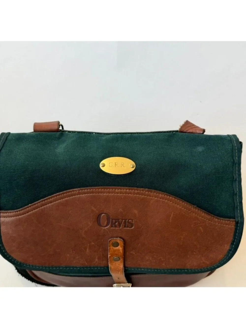 Orvis Vintage Leather Canvas Messenger Bag Green Brown Crossbody Satchel